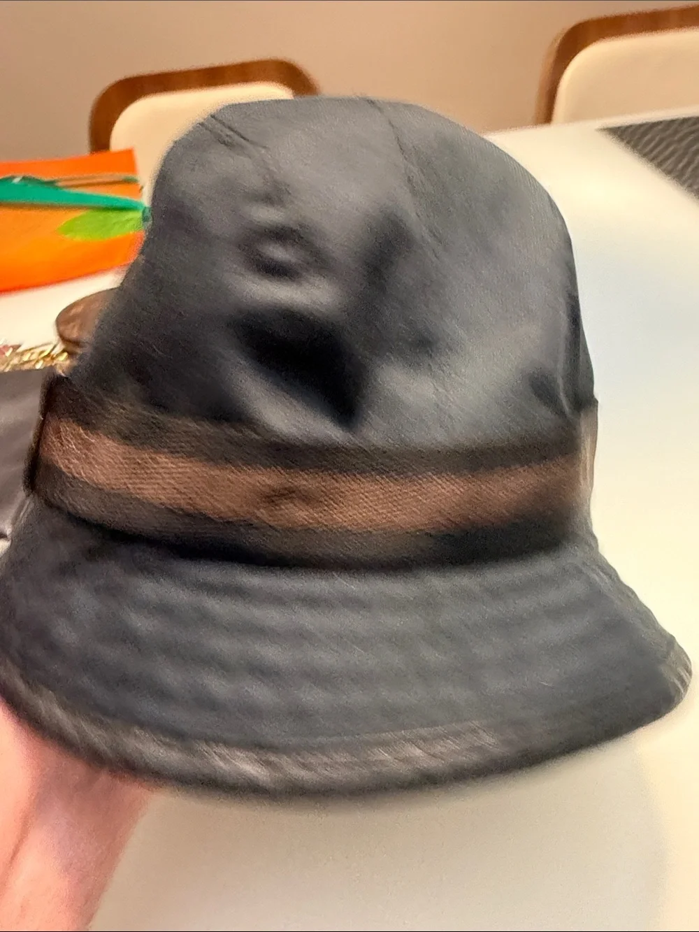 Gucci Black Bucket Hat with Brown Web Trim and Gold Plaque